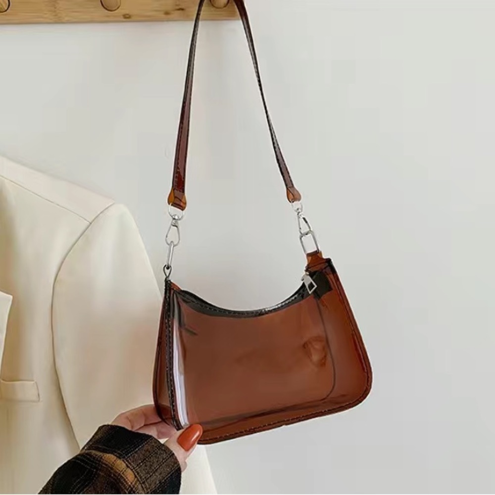 Womens NEW Y2K Brown PVC Zipper Shoulder Bag Clutch Travel Makeup Purse